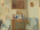un tableau représentant un salon avec deux chaises et une table