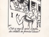 a black and white drawing of a train with people on it