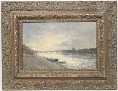 une image représentant un tableau représentant une scène fluviale avec un pont en arrière-plan