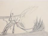un dessin représentant une mantis et un poisson dans un plan d'eau