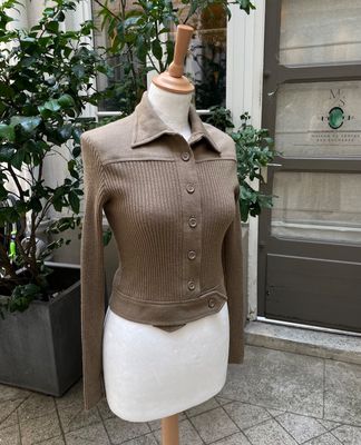 veste en tricot marron sur un mannequin, avec une plante en pot en arrière-plan