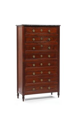 a small chest of drawers with a marble top