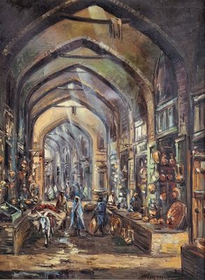 une peinture à l'huile représentant un marché, avec des personnes et des animaux au premier plan