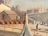 a painting of a boat on the water in front of a building
