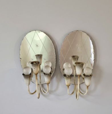 TRAVAIL 1940 Paire d'applique à trois bras de lumière en mét…