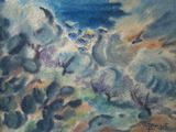 an image of a painting of sheep in a field with a sky background