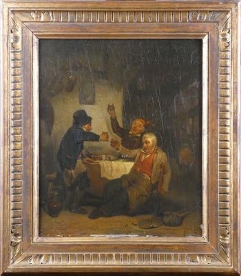 un vieux tableau représentant un groupe d'hommes assis autour d'une table