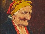 painting of an old woman with a yellow head scarf and a red scarf