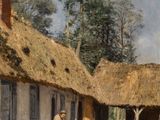 an image of a painting of a woman feeding chickens in front of a thatched house