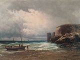 tableau représentant un bateau sur une plage près d'une falaise rocheuse