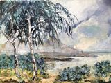 une peinture représentant une peinture d'arbres et d'eau