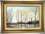 an oil painting of trees in winter with snow on the ground