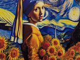 painting of a girl with a pearl ear in a field of sunflowers