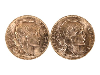 Deux pièces de vingt francs or au coq, 1914. Usures. - Photo 1