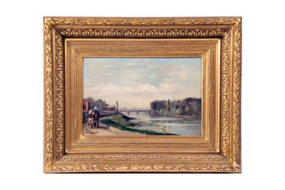 une peinture à l'huile représentant une scène fluviale avec un homme à cheval