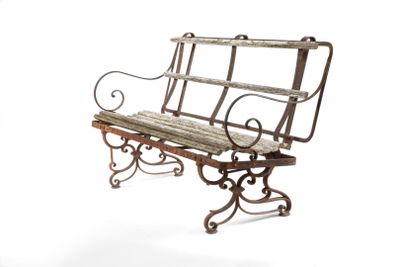 a metal bench with a wooden seat on a white background