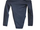the back of a blue shirt hanging on a hanger