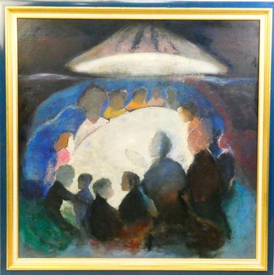an oil painting of a group of people sitting around a white object