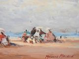 painting of people sitting on the beach under umbrellas on a cloudy day