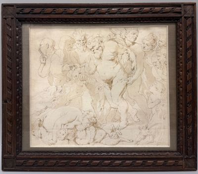 une image représentant un tableau montrant un groupe de personnes, dans un cadre en bois