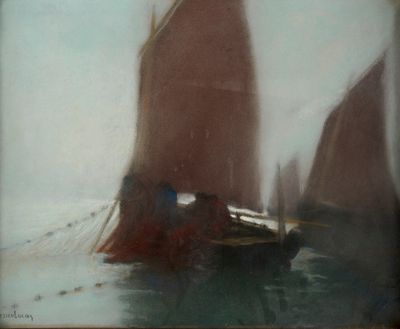 une peinture représentant un bateau dans l'eau avec d'autres bateaux à l'arrière-plan