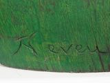 an image of a close up of a green vase with writing on it