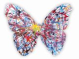 painting of a butterfly with colorful paint splatters on it ' s wings