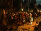 a painting of a group of people gathered around a fire
