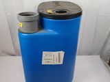 an image of a blue plastic container with a black lid and a gray cap