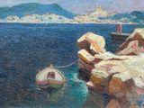 un tableau représentant un bateau amarré à un rocher au bord de l'eau
