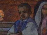 painting of a man and a woman sitting on a bench in front of a sunset