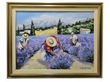 tableau représentant trois hommes dans un champ de lavande en train de cueillir de la lavande