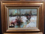 an oil painting of a snowy landscape with trees and a stream