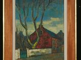 an oil painting of a red barn with a tree in front of it
