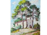 an oil painting of a church and trees on a hill