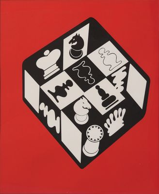 une image représentant une photo en noir et blanc d'une boîte rouge sur laquelle sont disposées des pièces d'échecs