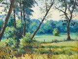 une peinture à l'huile représentant un champ avec des arbres et de l'herbe