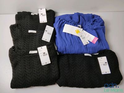 three pairs of black, blue, and grey sweaters with tags on them
