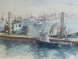 a painting of boats docked at a dock in the water