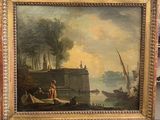 painting of a man and a woman in a boat on a river