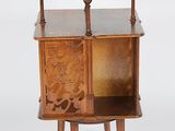 an image of a wooden table with a shelf on top