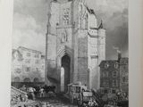 an old drawing of a castle with a horse drawn carriage in front of it