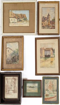 many paintings on the wall of this room