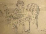 drawing of a woman sitting at a table with a plate of food on it
