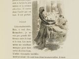 an old book with a picture of a woman sitting at a table