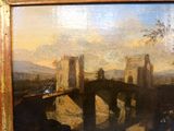 une peinture à l'huile représentant un pont sur une rivière avec un château à l'arrière-plan
