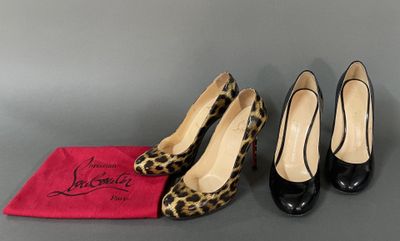 two pairs of black and leopard print high heel shoes next to a red bag