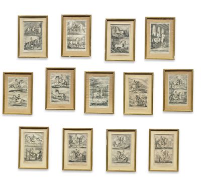 a group of nine framed drawings of people and animals on a wall