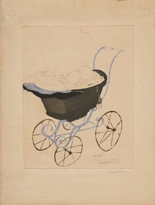 un vieux dessin représentant un landau avec un bébé dedans