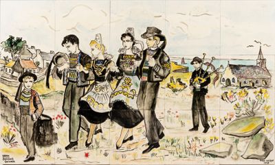 drawing of a group of people standing in a field next to each other